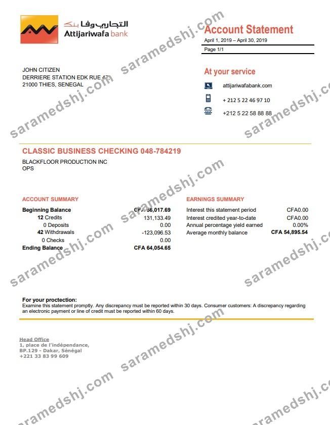 Senegal Attijariwafa Bank proof of address statement template in Word and PDF format